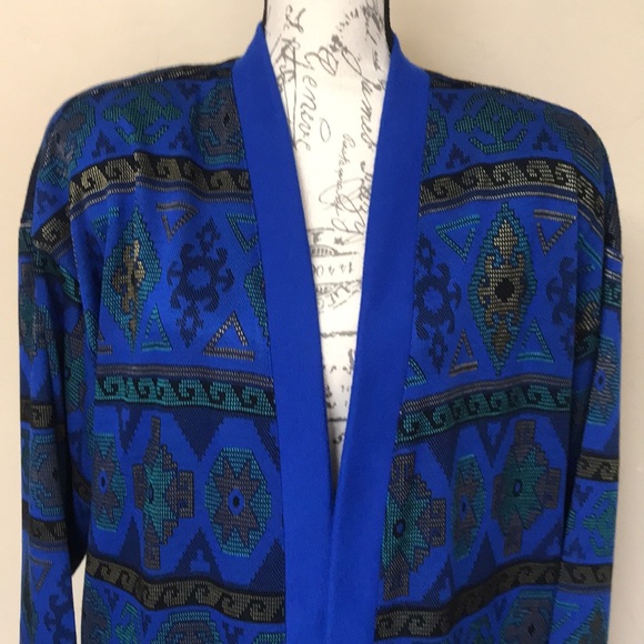 Graff Californiawear Vintage Open Front Cardigan Geometric Royal Blue/Gold/Green - Picture 2 of 15